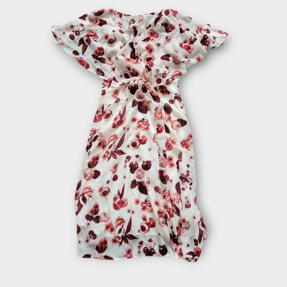 Max Studio London Floral-Print Ivory Burgundy Flounce Chiffon Dress Women Sz 0 - Picture 5 of 8